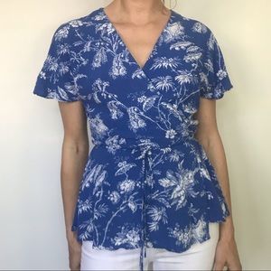 Maeve blue botanical wrap shirt